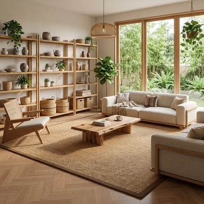 Tapis de sol en bambou tressé uni ton naturel, posé sur un parquet en chevrons dans un salon avec étagères en bois