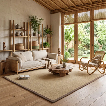Tapis de sol en bambou tressé 150 par 200cm à motif quadrillé ton naturel, dans un salon avec étagères en bambou et vue sur jardin