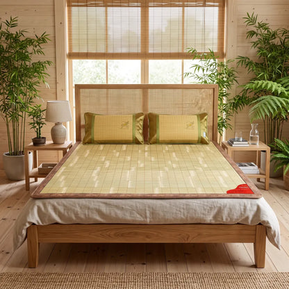 Tapis de lit bambou motif uni vert pâle, installé sur un lit en bambou