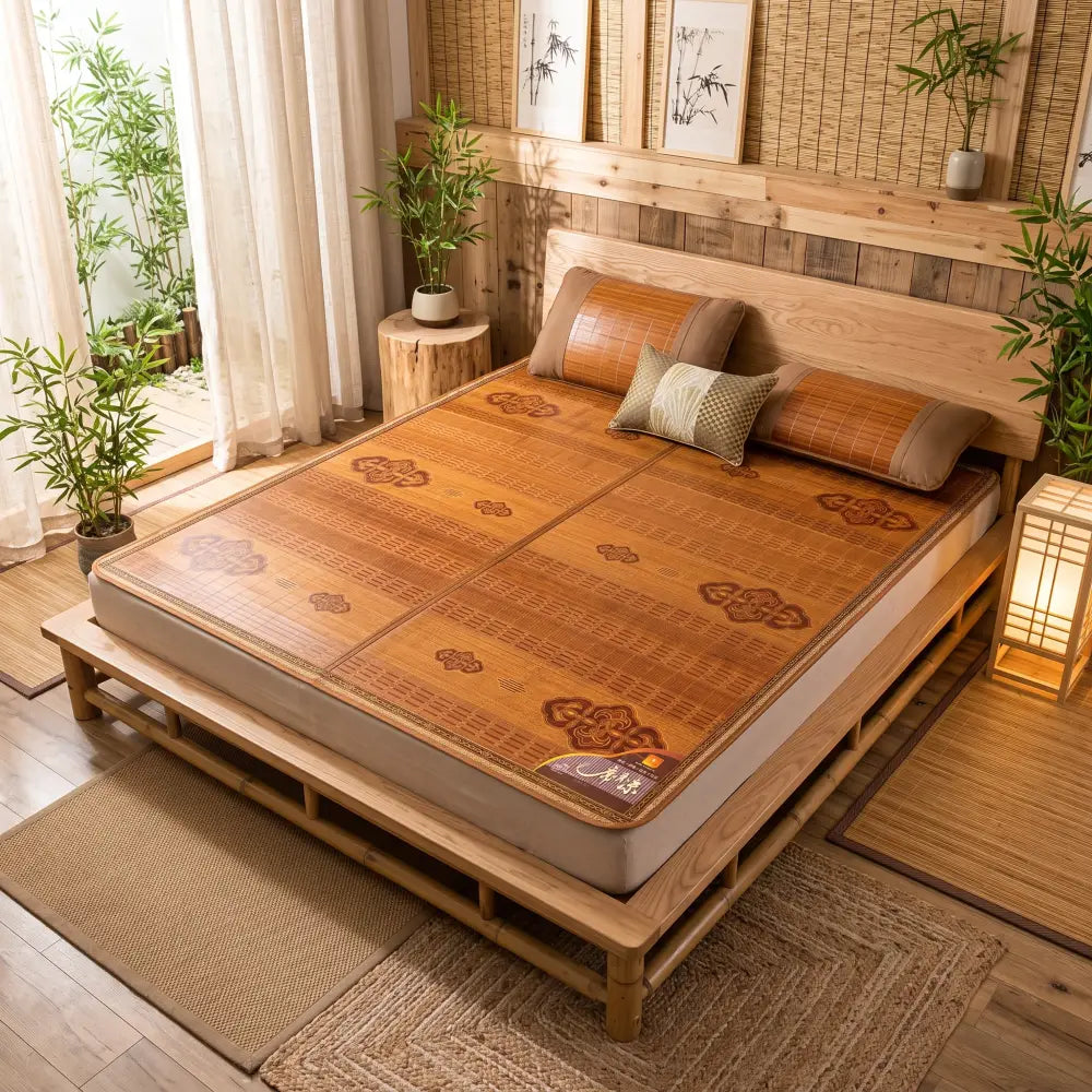 Tapis de lit bambou et rotin coloris caramel à motif losanges, installé sur un lit