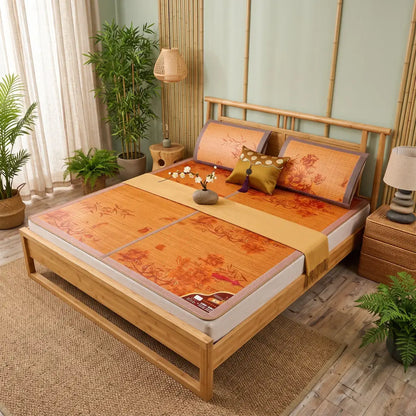 Tapis de lit bambou et rotin coloris orange à motif floral, installé sur un lit