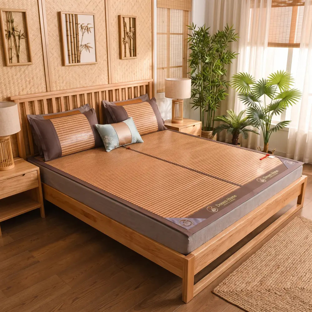 Tapis de lit bambou et rotin coloris beige rayé, installé sur un lit
