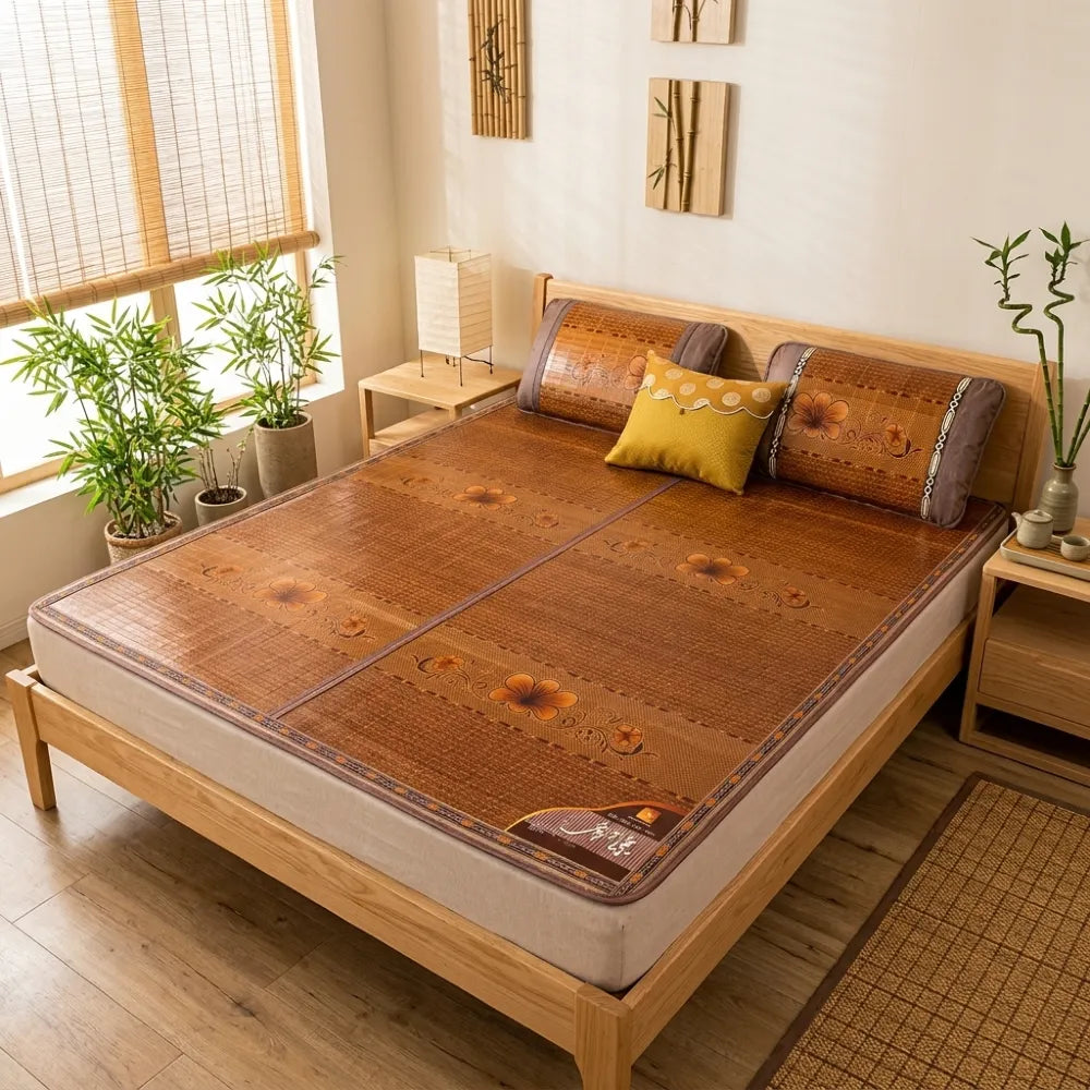 Tapis de lit bambou et rotin coloris brun caramel à motif floral, installé sur un lit