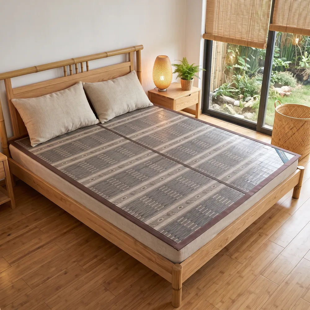 Tapis de lit bambou tressé coloris gris à motifs géométriques, installé sur un lit