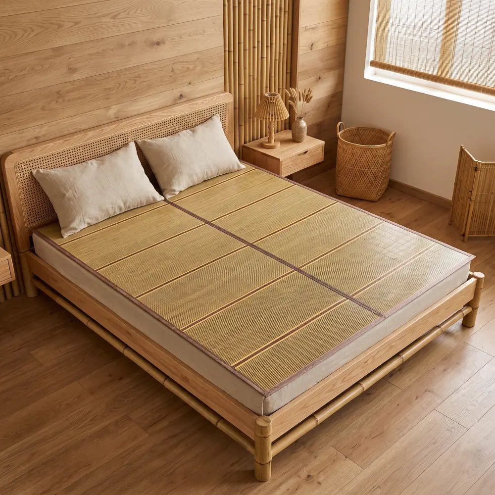 Tapis de lit bambou tressé coloris naturel clair, tissage rayé, installé sur un lit