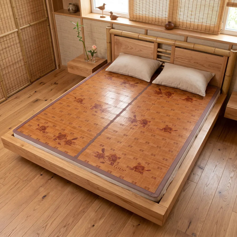 Tapis de lit bambou tressé coloris caramel à motif floral, installé sur un lit