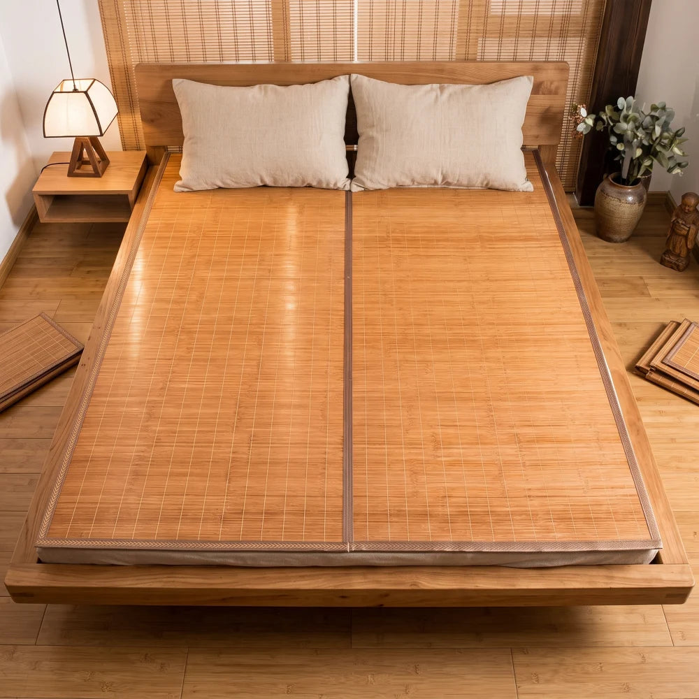 Tapis de lit bambou tressé coloris doré miel, finition unie, installé sur un lit
