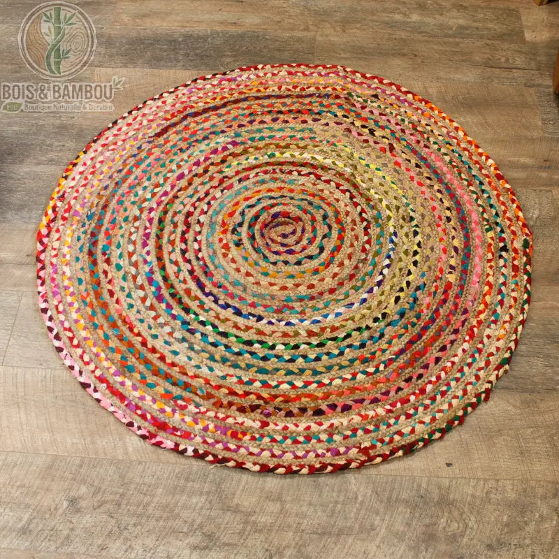 Tapis rond en jute et coton recyclé, 120 cm, coloris multicolore, fond naturel