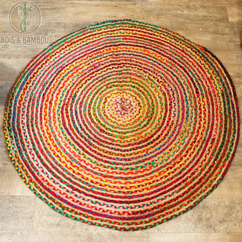 Tapis rond en jute et coton recyclé, 150 cm, coloris multicolore, fond naturel