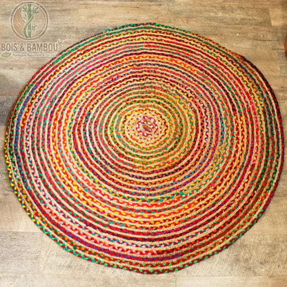 Tapis rond en jute et coton recyclé, 150 cm, coloris multicolore, fond naturel