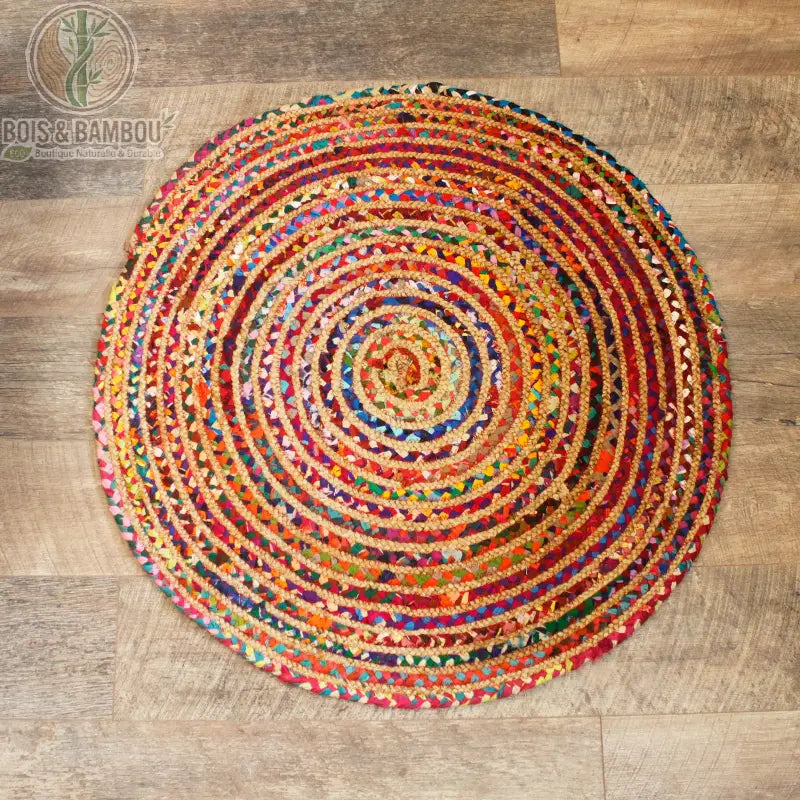 Tapis rond en jute et coton recyclé, 90 cm, coloris multicolore, fond naturel