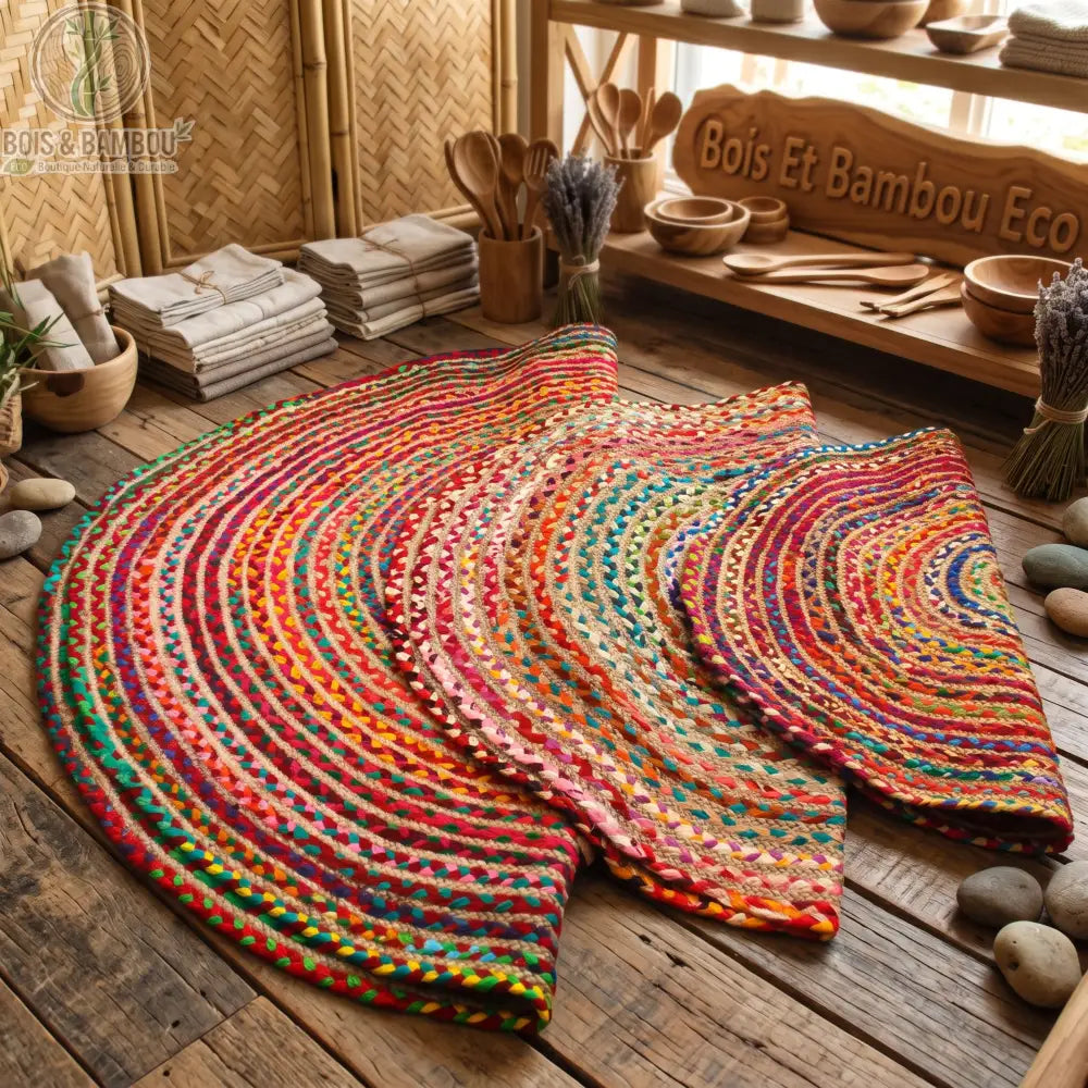 Trois tapis ronds en jute et coton recyclé multicolore, tailles 90, 120 et 150 cm, en situation dans un salon