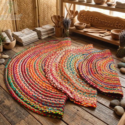 Trois tapis ronds en jute et coton recyclé multicolore, tailles 90, 120 et 150 cm, en situation dans un salon