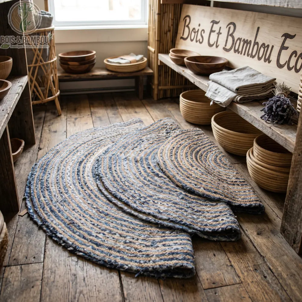 Trois tapis ronds en jute et denim recyclé, dégradé de bleus, tailles 90, 120 et 150 cm, en situation dans une boutique