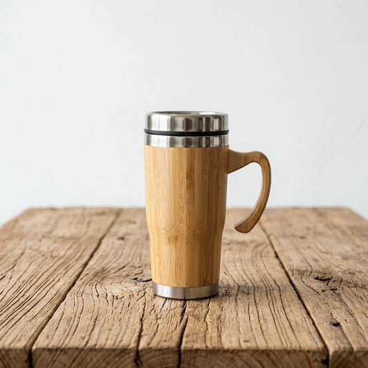 Tasse en bambou isotherme avec anse, 450 ml, coque en bambou naturel et base inox, posée sur bois brut