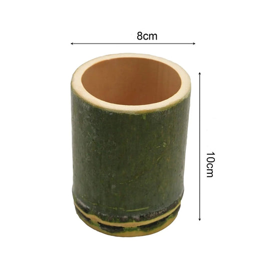 Tasse en bambou naturel ronde sur fond blanc avec dimensions 8 cm de diamètre et 10 cm de hauteur