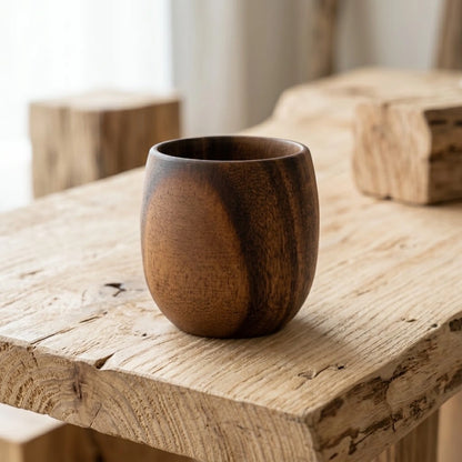 Tasse en bois camel grand format posée sur une table en bois brut