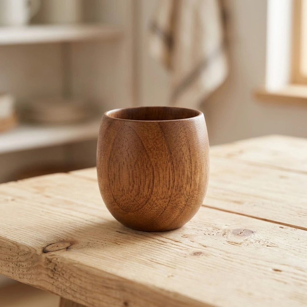 Tasse en bois camel format moyen posée sur une table en bois brut