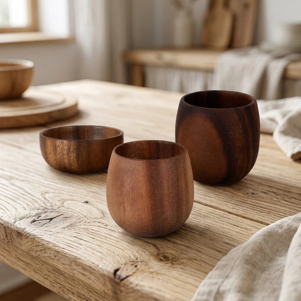 Trois tasses en bois camel de tailles différentes, coupelle, tasse moyenne et grande, sur une table en bois brut