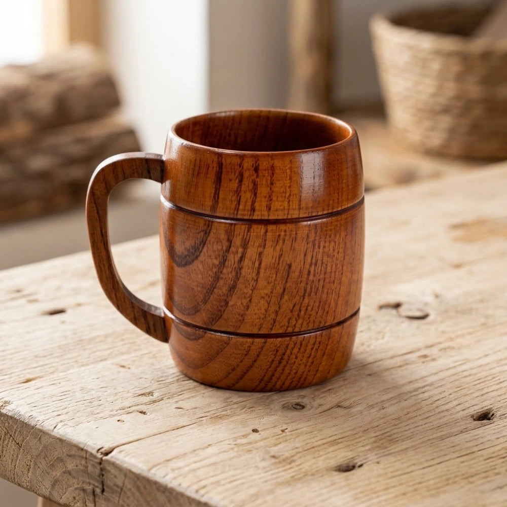 Tasse en bois cerclée avec anse, façon chope, posée sur une table en bois brut