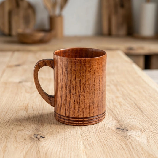 Tasse en bois cylindrique avec anse posée sur une table en bois brut
