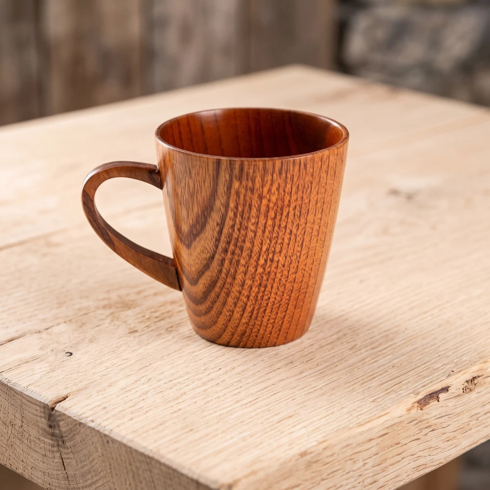Tasse en bois évasée avec anse posée sur une table en bois brut