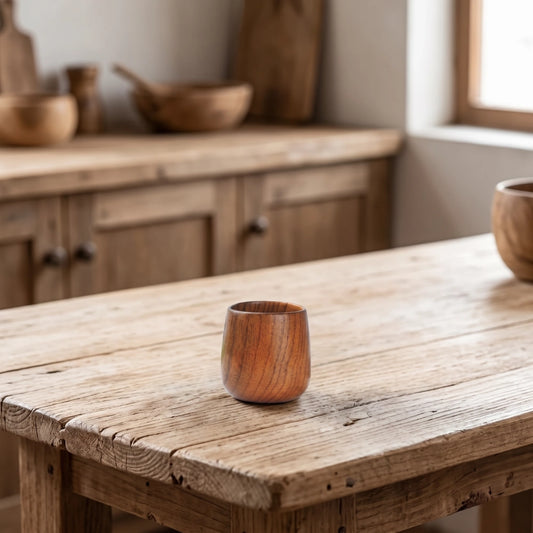 Tasse en bois de jujubier au style rétro posée sur une table en bois brut