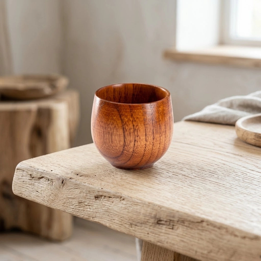 Tasse en bois sans anse, forme ronde, posée sur une table en bois brut