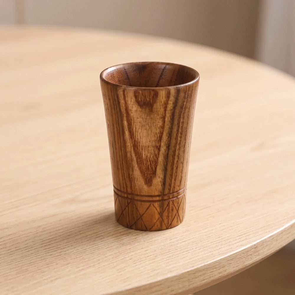 Tasse en bois massif style japonais posée sur une table en bois clair, vue de dessus sur le veinage