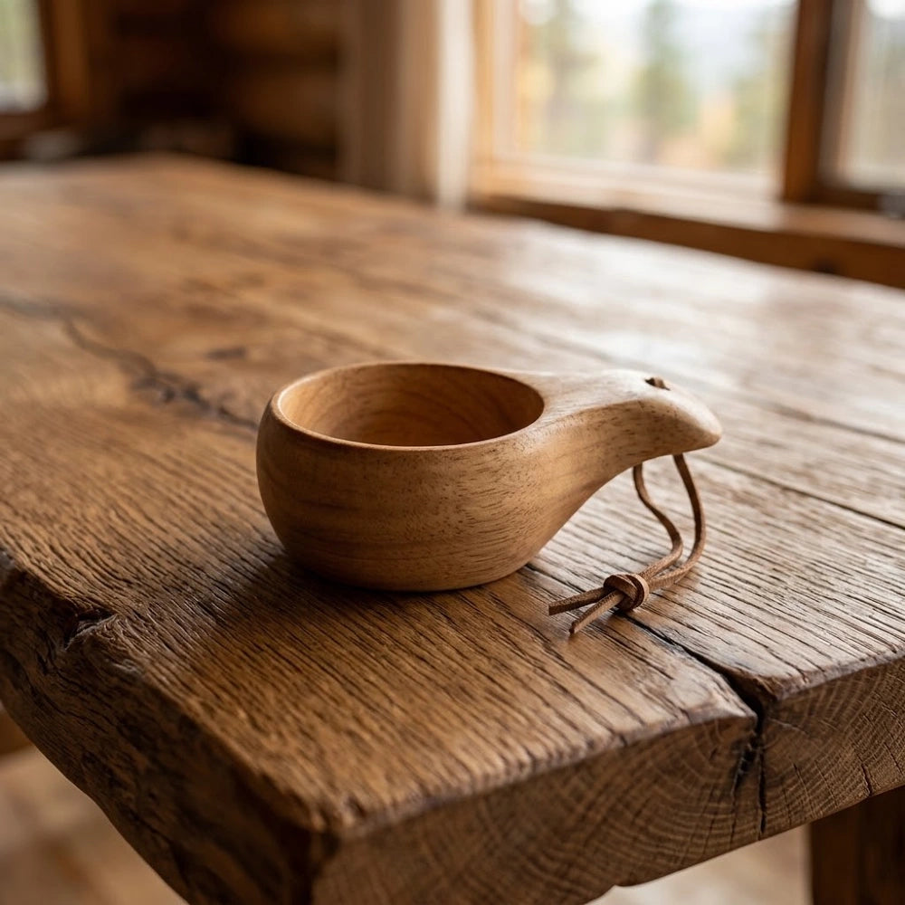 Tasse en bois style kuksa, forme large et basse, avec cordon en cuir