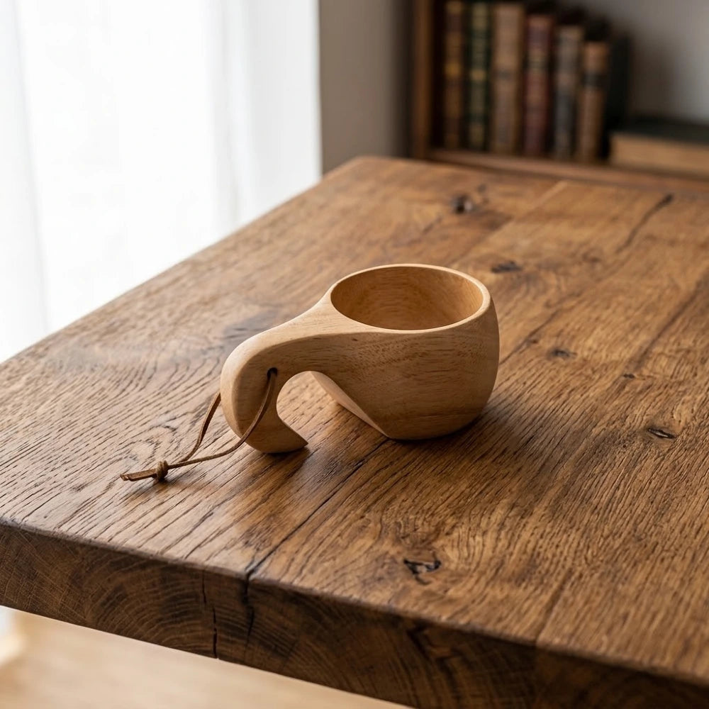 Tasse en bois style kuksa, anse courbe lisse, avec cordon en cuir
