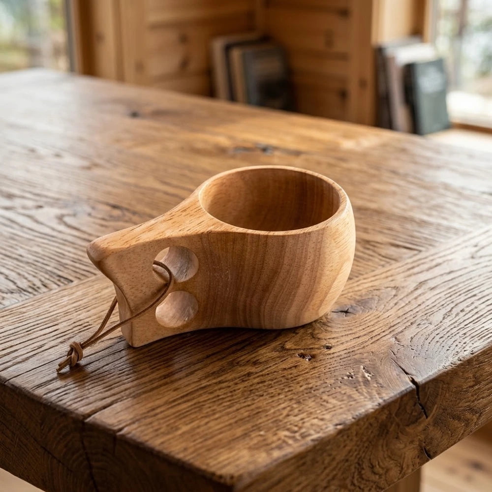 Tasse en bois style kuksa, anse à deux trous, avec cordon en cuir