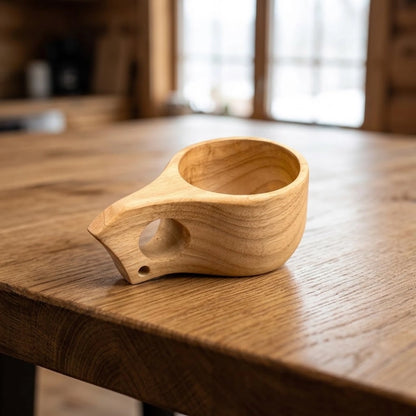 Tasse en bois style kuksa, anse à un trou et bec pointu, perçage pour cordon à la pointe