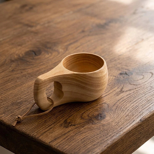 Tasse en bois style kuksa, anse arrondie à un trou, avec cordon en cuir