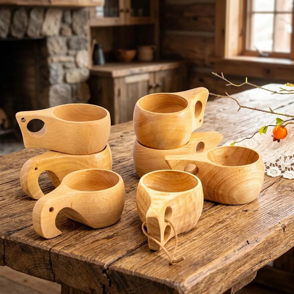 Lot de tasses en bois style kuksa, 5 modèles d'anse différents, dans une cuisine rustique