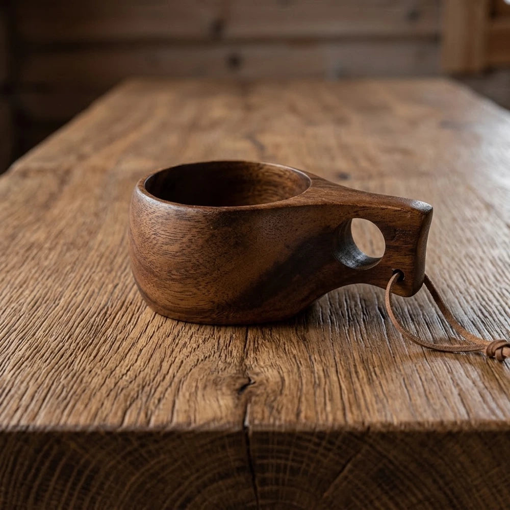 Tasse en bois d'acacia style kuksa, anse à un trou, finition lisse, avec cordon en cuir