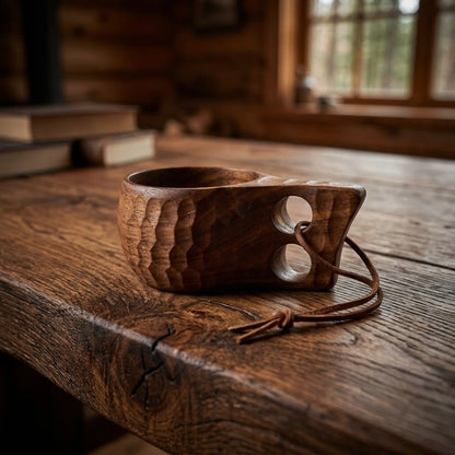 Tasse en bois d'acacia style kuksa, anse à deux trous, finition sculptée, avec cordon en cuir