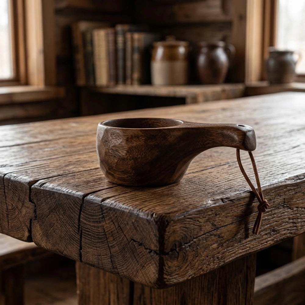 Tasse en bois d'acacia style kuksa, anse courbe lisse sans trou, avec cordon en cuir