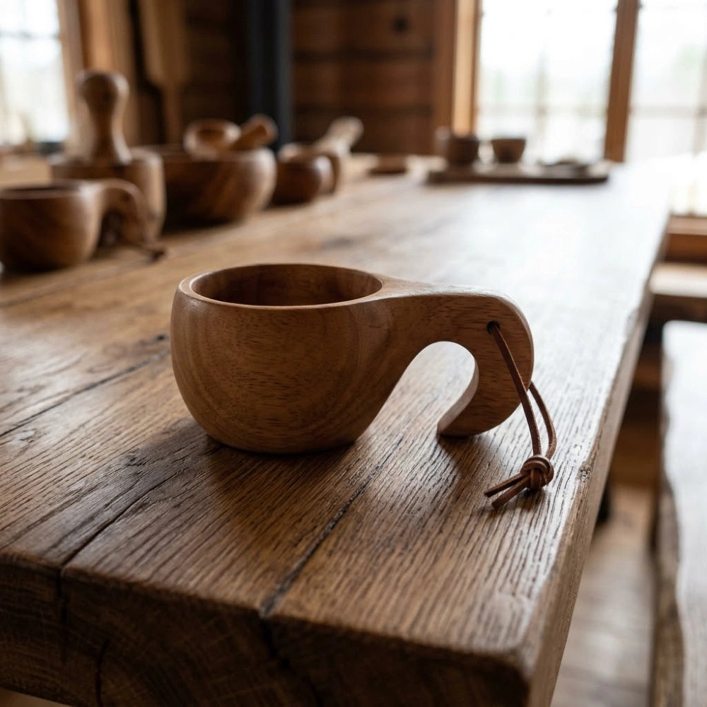 Tasse en bois d'acacia style kuksa, anse courbe lisse, bois clair, avec cordon en cuir