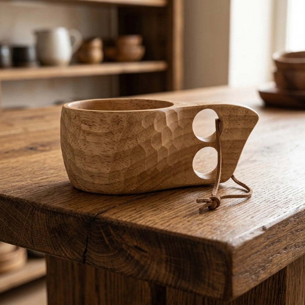 Tasse en bois d'acacia style kuksa, anse à deux trous, finition sculptée, bois clair, avec cordon en cuir