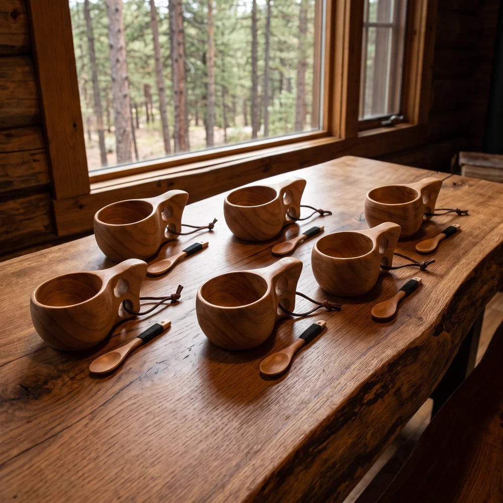 Lot de 6 tasses en bois style kuksa avec cuillères assorties, devant une fenêtre