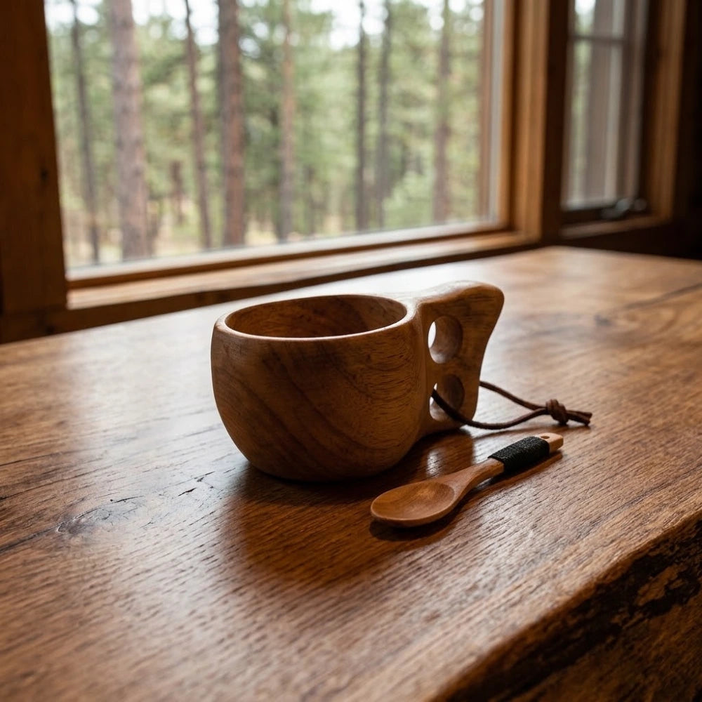Tasse en bois style kuksa avec anse et cuillère en bois assortie