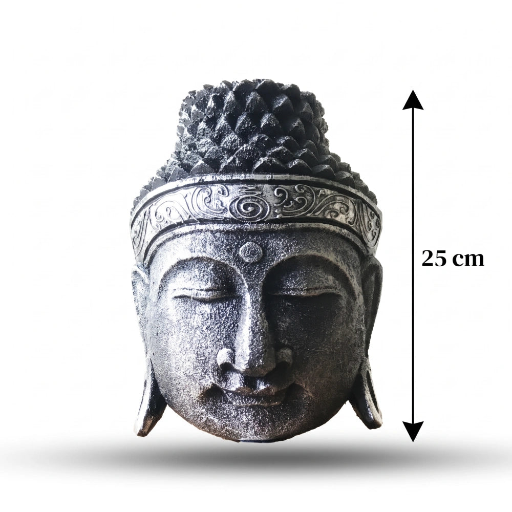Tête de Bouddha argentée en bois d'albasia, schéma des dimensions de 25 cm de haut et 20 cm de large