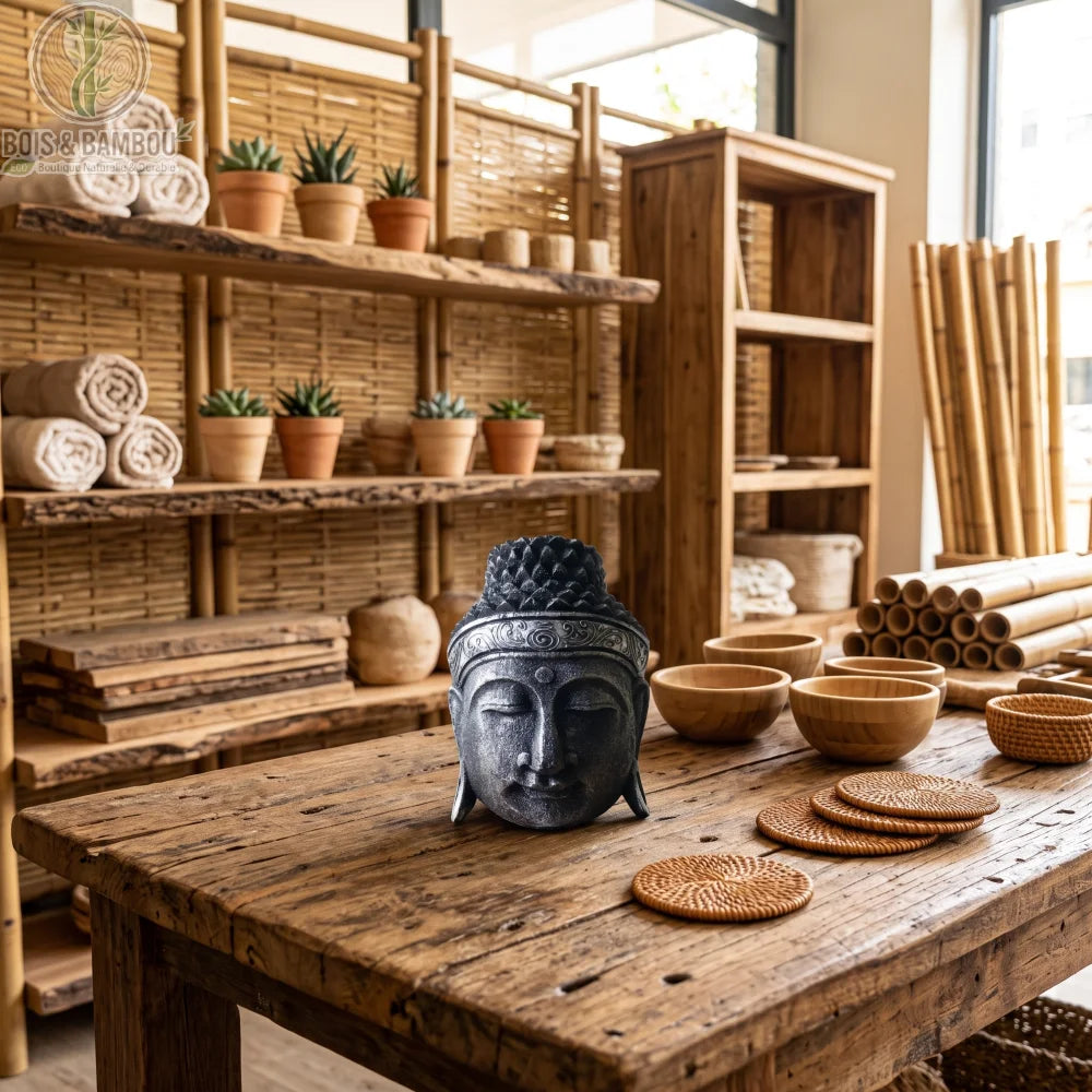 Tête de Bouddha argentée en bois d'albasia, 25 cm, posée sur une table en bois dans une boutique de déco naturelle