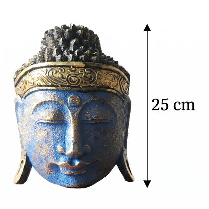 Tête de Bouddha bleue en bois d'albasia, schéma de la hauteur de 25 cm