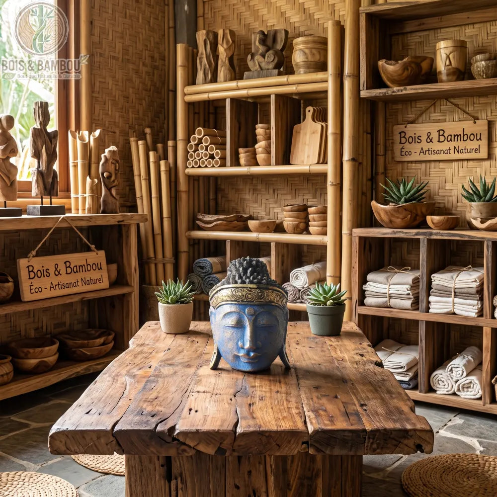 Tête de Bouddha bleue en bois d'albasia, 25 cm, sur une table en bois brut entre deux plantes grasses