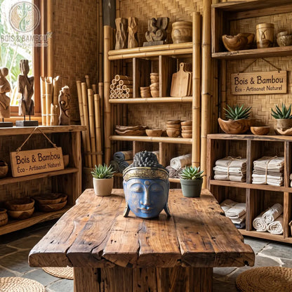 Tête de Bouddha bleue en bois d'albasia, 25 cm, sur une table en bois brut entre deux plantes grasses
