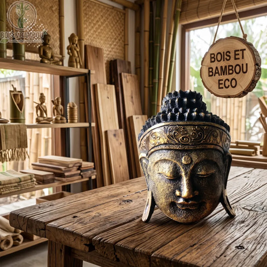 Tête de Bouddha dorée en bois d'albasia, 25 cm, posée sur une table en bois dans une boutique de déco naturelle