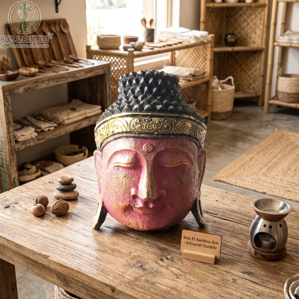 Tête de Bouddha rouge en bois d'albasia, 25 cm, posée sur une table en bois dans une boutique de déco naturelle