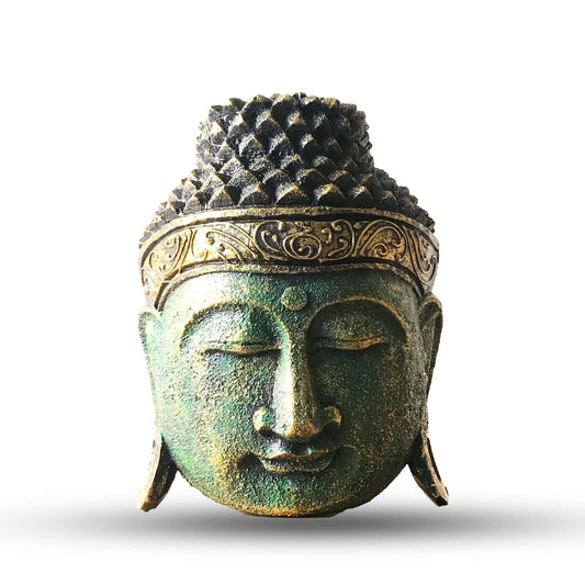 Tête de Bouddha en bois d'albasia verte, chevelure sombre et bandeau à volutes, vue de face sur fond blanc